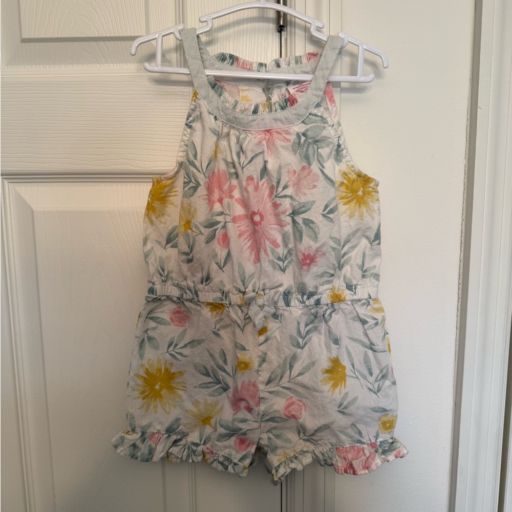 Savannah Floral Sleeveless Romper in Pink, Yellow & Green